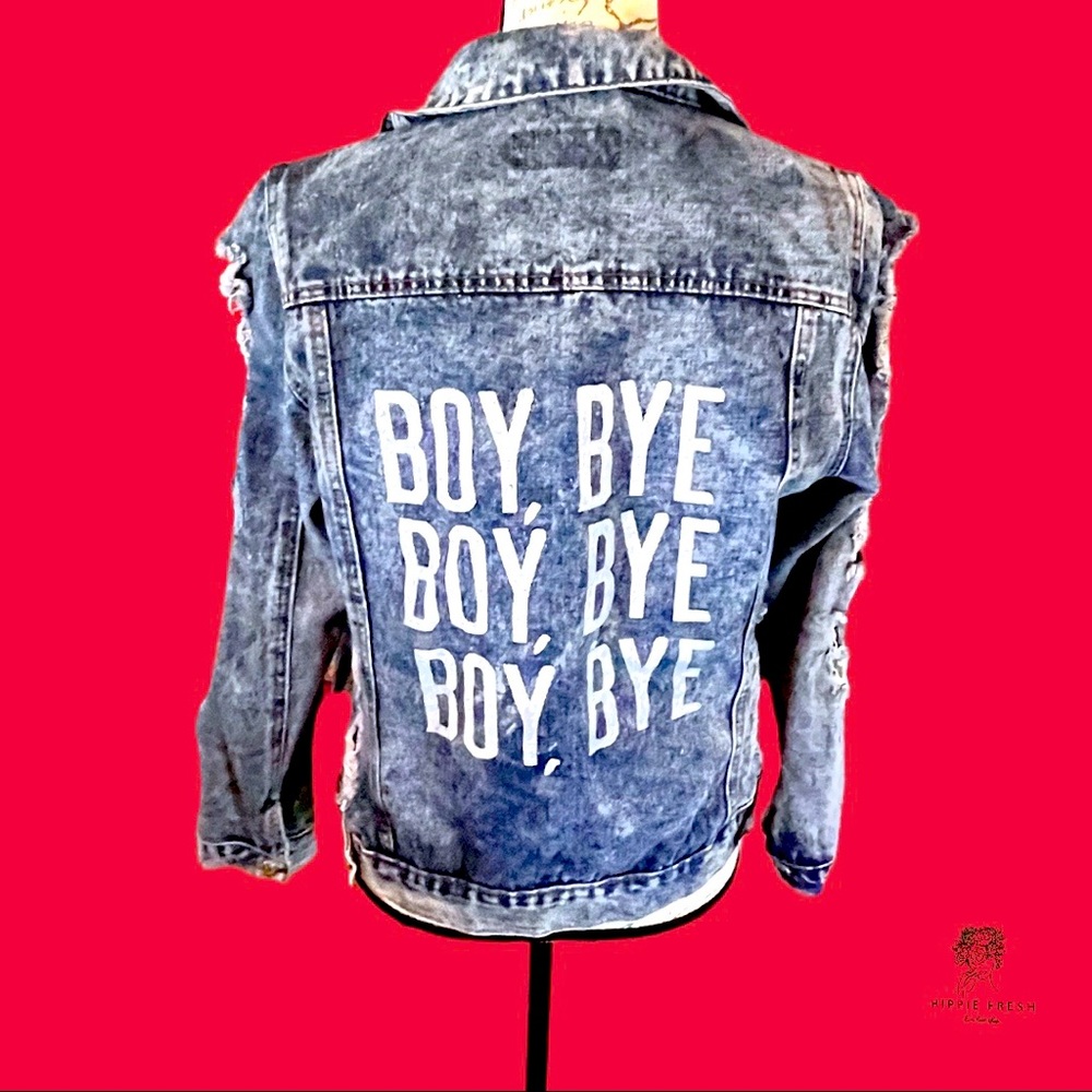 Thrill Distressed/ Shredded ‘Boy Bye’ Denim Jacket Size L
